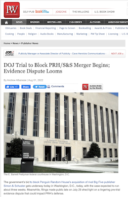 Screen Shot of the Publishers Weekly Article, "DOJ Trial to Block PRH/SandS Merger Begins" - Aug 2022