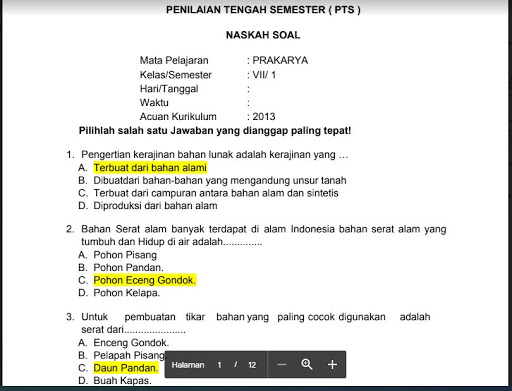 Soal Prakarya Kelas 7 Semester 1 Kurikulum 2013 Dan