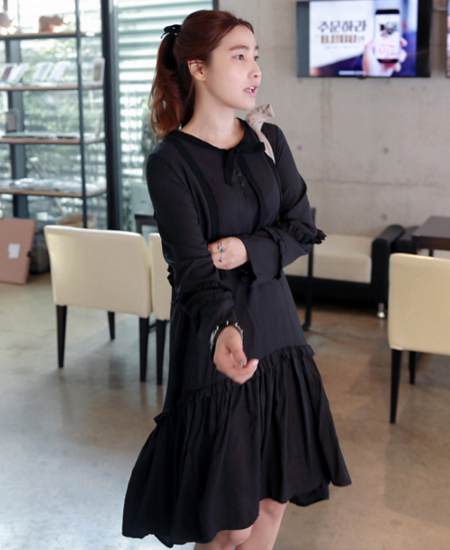 Black Ruffle Detailed Tie-Neck Dress