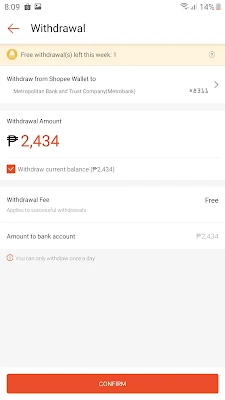 Shoppee App Withdraw page