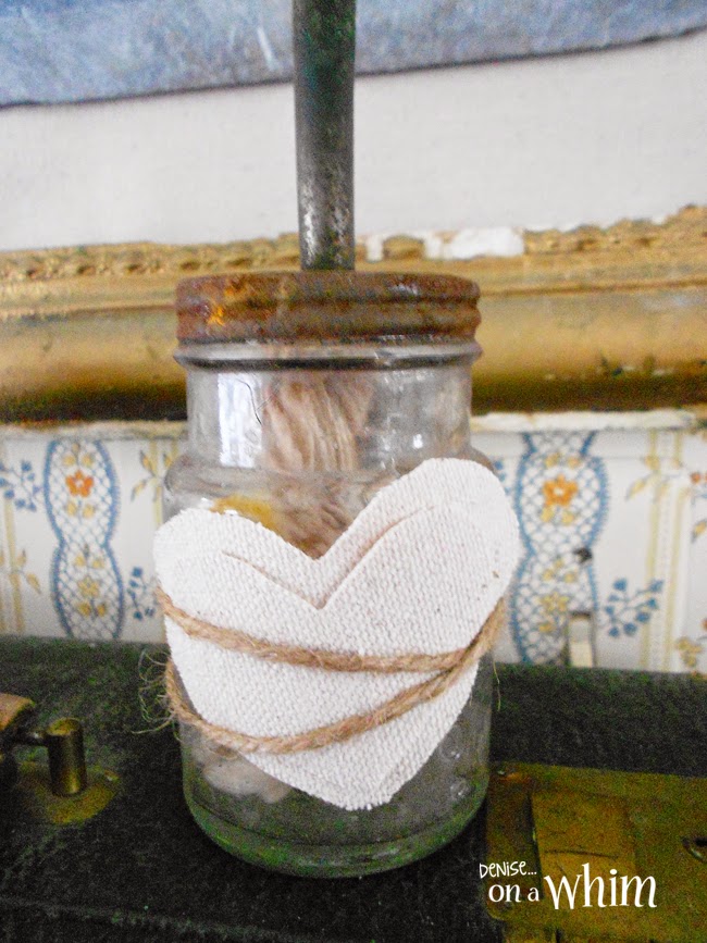 Drop Cloth Hearts and Twine on a Vintage Jar from Denise on a Whim