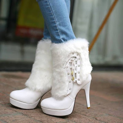 White Fur Boots Round Toe Platform Ankle Boots for Cold Weather