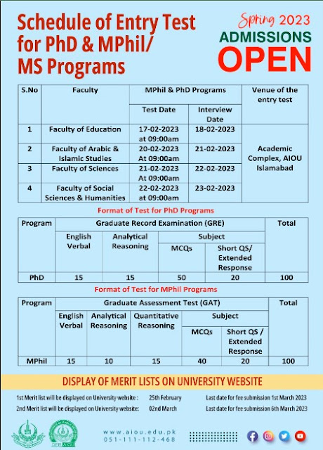 AIOU MPhil PhD Admission Schedule 2023 Entry Test