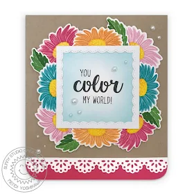 Sunny Studio Blog: You Color My World Rainbow Gerber Daisy Card (using Cheerful Days Stamps, Fancy Frames Square & Eyelet Lace Border Dies)