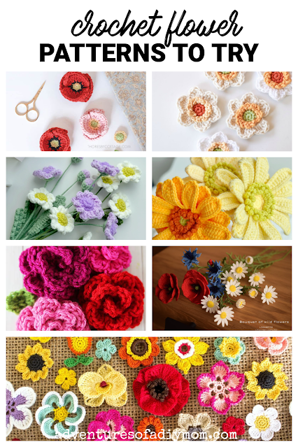 collage of crochet flowers with text overlay