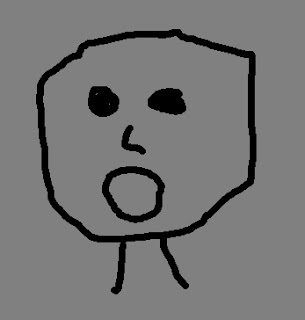 a stick figure drawing of a face with mouth wide open and startled eyes