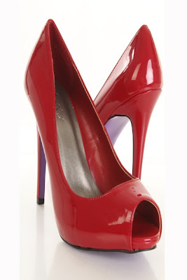 Red Patent Faux Leather Stitched Peep Toe Heels 