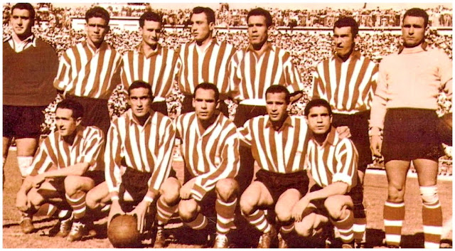 📸ATLÉTICO DE BILBAO 📆28 mayo 1950 ⬆️Cayetano (portero suplente), Manolín, Canito, Areta, Aramberri, Nando y Lezama. ⬇️Iriondo, Venancio, Zarra, Panizo y Gainza. ATLÉTICO DE BILBAO 4 🆚 REAL VALLADOLID DEPORTIVO 1 Domingo 28/05/1950, 17’30 horas. XLVI Copa del Generalísimo, final. Madrid, estadio de Chamartín: 80.000 espectadores. GOLES: ⚽1-0: 15’, Zarra. ⚽1-1: 85’, Coque. ⚽2-1: 94’. ⚽3-1: 96’, Zarra. ⚽4-1: 117’, Zarra.