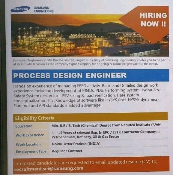 Job Availables, Samsung Engineering Job Vacancy For B.E/ B.Tech Chemical - Process Engineer