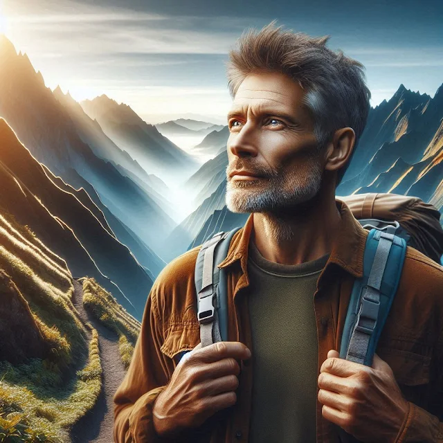 Un homme avec des cheveux gris et une barbe, portant un sac à dos, regarde vers l'horizon sur un sentier de montagne au lever du soleil. L'image représente la résilience, la persévérance face à l'adversité et la poursuite de son chemin de vie malgré les obstacles.