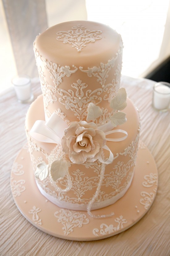 Peach Damask Wedding Cake Stunning peach and white damask pattern wedding