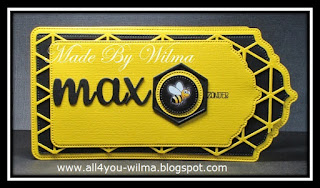 Een geel/zwart kaartje met tekst "max" en "zonder" en een plaatje van een bij voor "zonder". A yellow/black card with text "max" and a bee with text that says he's special.