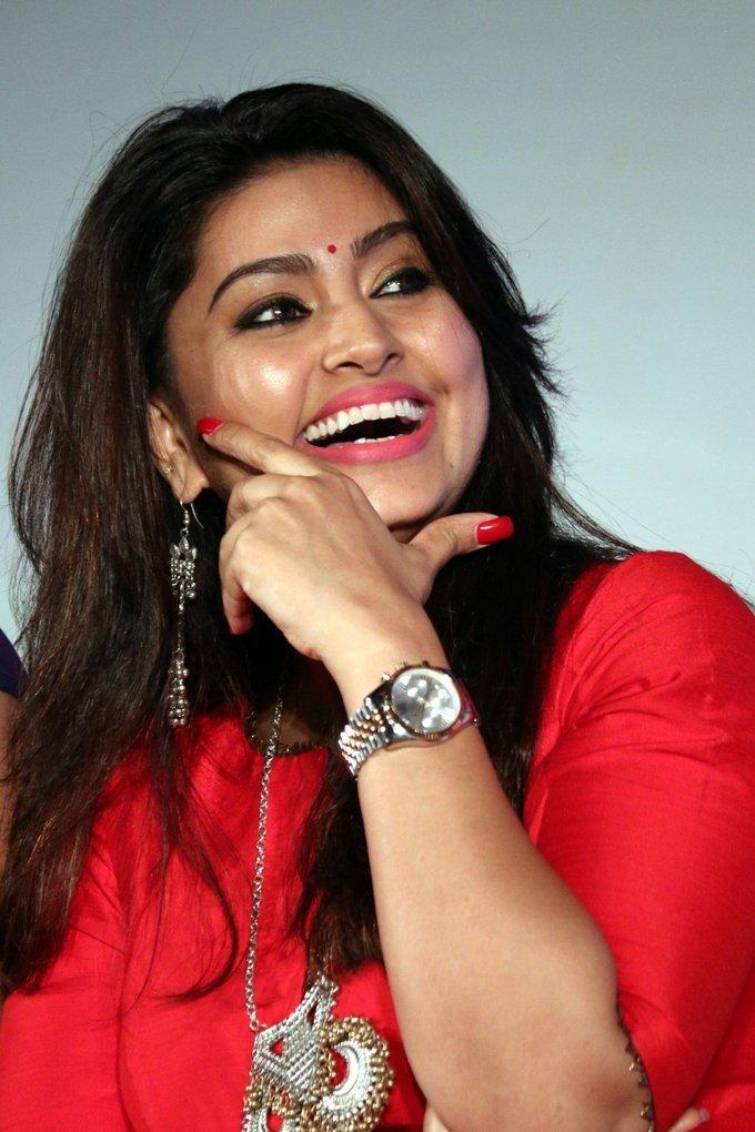 Beautiful South Indian Actress Sneha Smiling Face Close Up In Red Dress