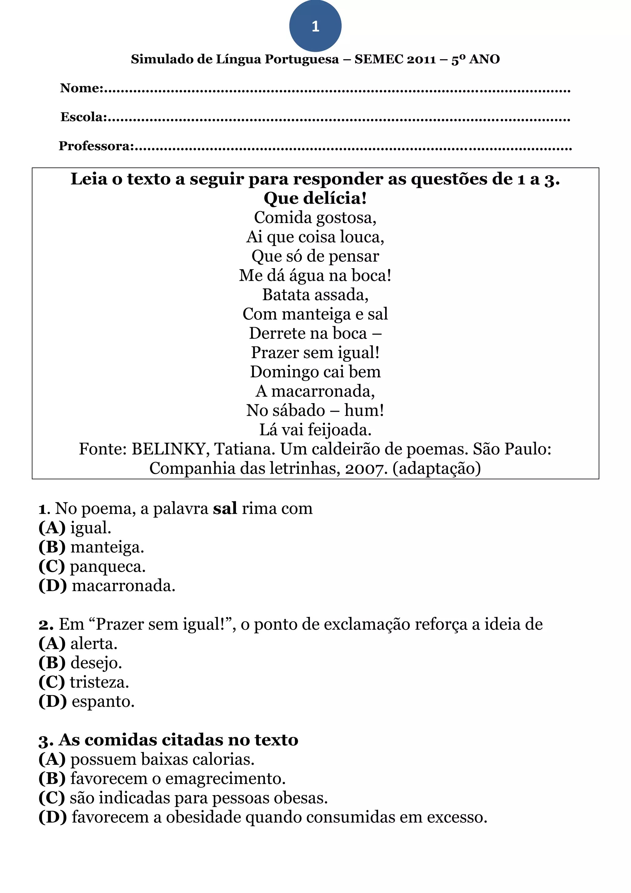 SIMULADO DE LÍNGUA PORTUGUESA: 5º ANO DO ENSINO FUNDAMENTAL I - II