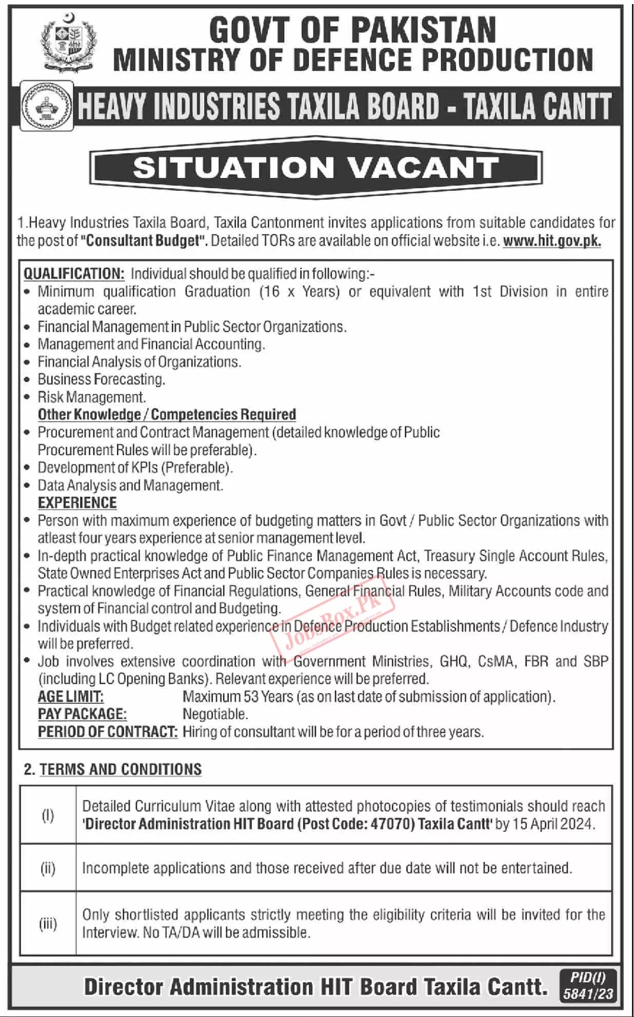 Heavy Industries Taxila HIT Jobs 2024 Advertisement
