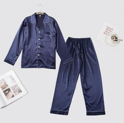 Men's Pure Color Pajama Imitation Silk Set Long Sleeve Trousers Sleepwear Sets