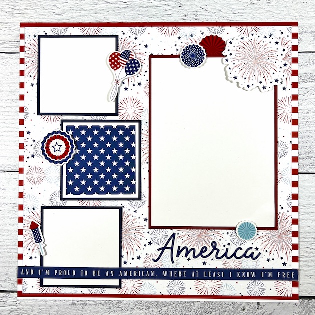 July 4th 12x12 Scrapbook Page Layout with stars, balloons, and fireworks