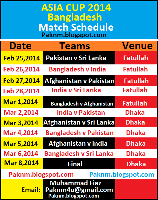 Asia Cup 2014 Match Dates and full Schedule in board card