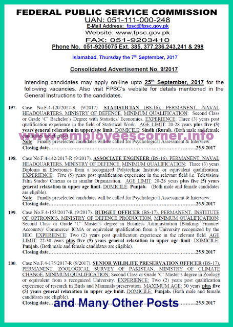 Federal Public Service Commission Jobs in Pakistan 9/