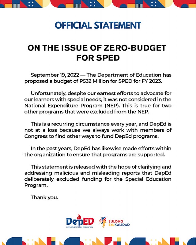 OFFICIAL STATEMENT: On the issue of zero-budget for SPED