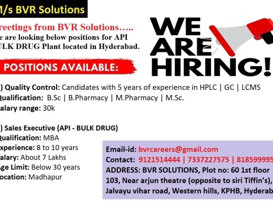 Job Availables,BVR Solutions Job Vacancy For : B.Sc / B.Pharmacy /M.Pharmacy /M.Sc/ MBA