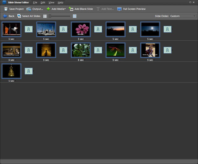 Posted by Ripple (VJ) : Slideshows in Adobe Photoshop Elements : A Unique way to create sharable content(Video or PDF) out of your Photographs : Most of you must be knowing about popular slideshows in Adobe Photoshop Elements. I have impressed my friends may times through PDF Slideshows which are very unique... If you don't know, let me share that Slideshow feature helps us creating a PDF file out of photographs which can be played as Slideshow with background music and nice ransitions... Just check it out.. Other option to output a slideshow is to convert it into a WMV video... Lets see how can we create a Slideshow in Adobe Photoshop Elements Orgaizer....View in this dialog which helps rearranging slides for final output...
