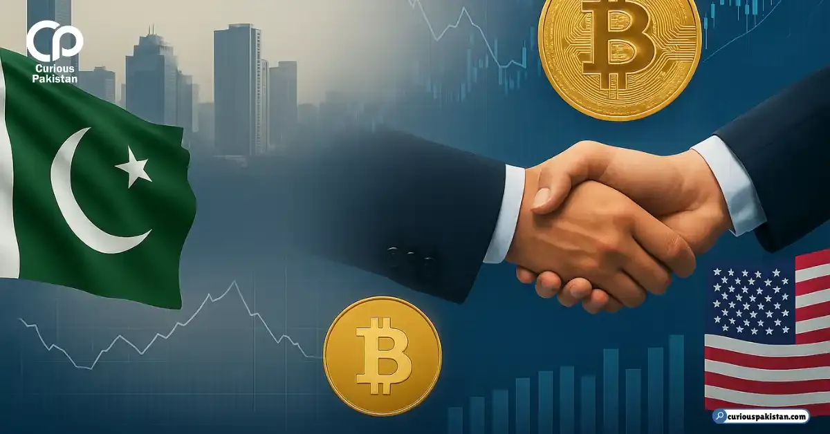 Pakistan Economic Growth and Crypto Innovation Visualized
Digital composite showing the Pakistani flag over a city skyline, Bitcoin symbol, financial graphs, and a handshake with the US flag, representing Pakistan’s economic reforms and global trade