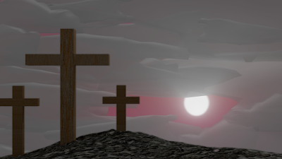 Three crosses on a rocky ground in front of clouds