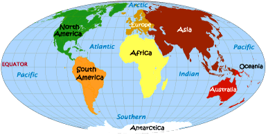 World Map Showing 7 Continents And 5 Oceans