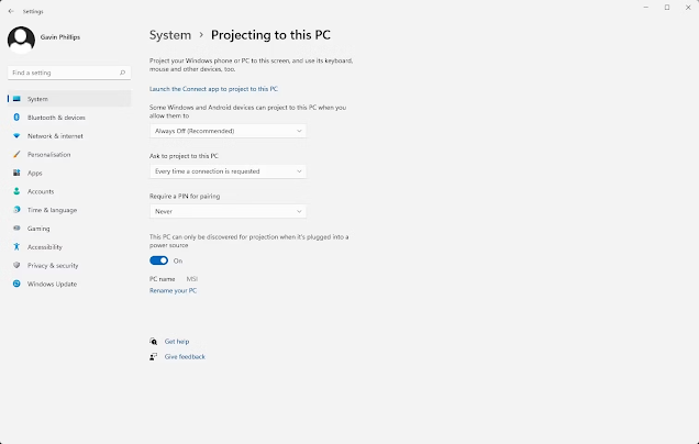 Windows Project to PC Settings