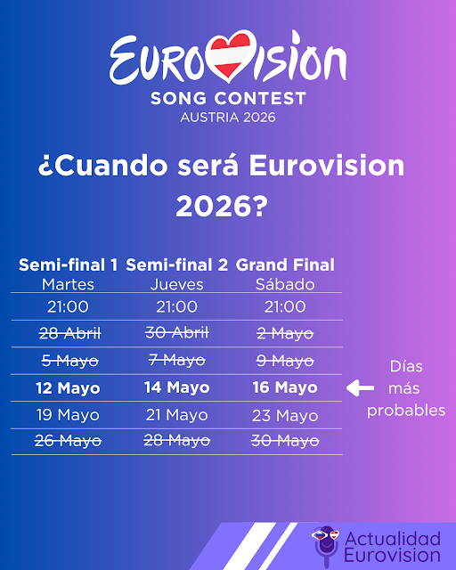 Calendario destacando las fechas propuestas para Eurovisión 2026 junto al logo oficial del evento