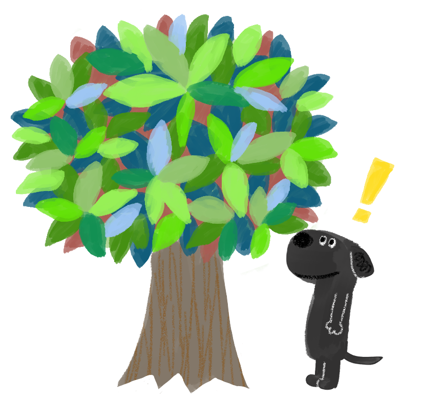 無料イラスト集 商用可 まえみちイラスト 木を見て何か思いついた犬のイラスト