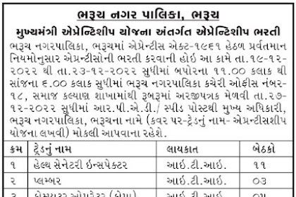 Bharuch Nagarpalika Apprentice Recruitment 2022