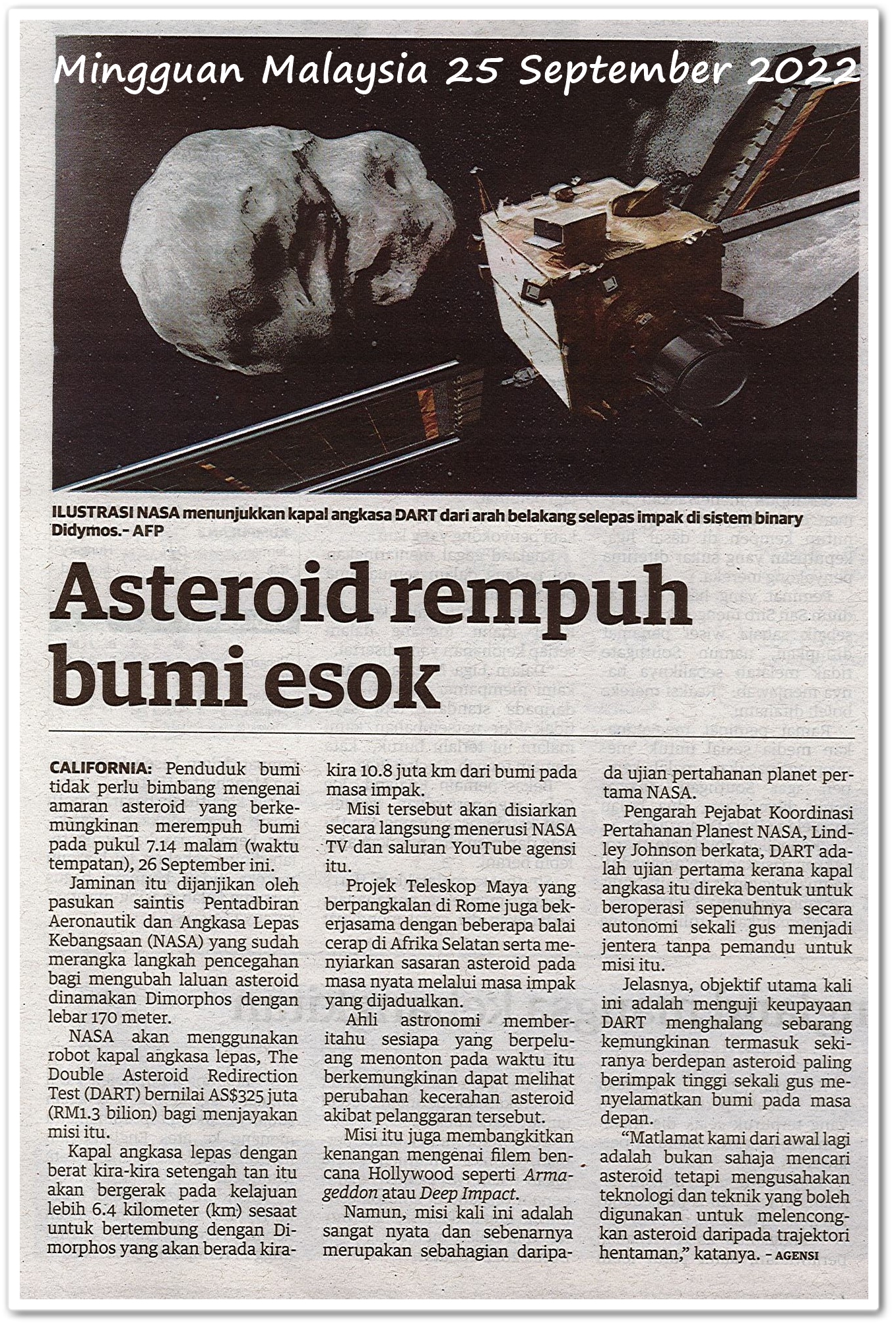 Asteroid rempuh bumi esok - Keratan akhbar Mingguan Malaysia 25 September 2022