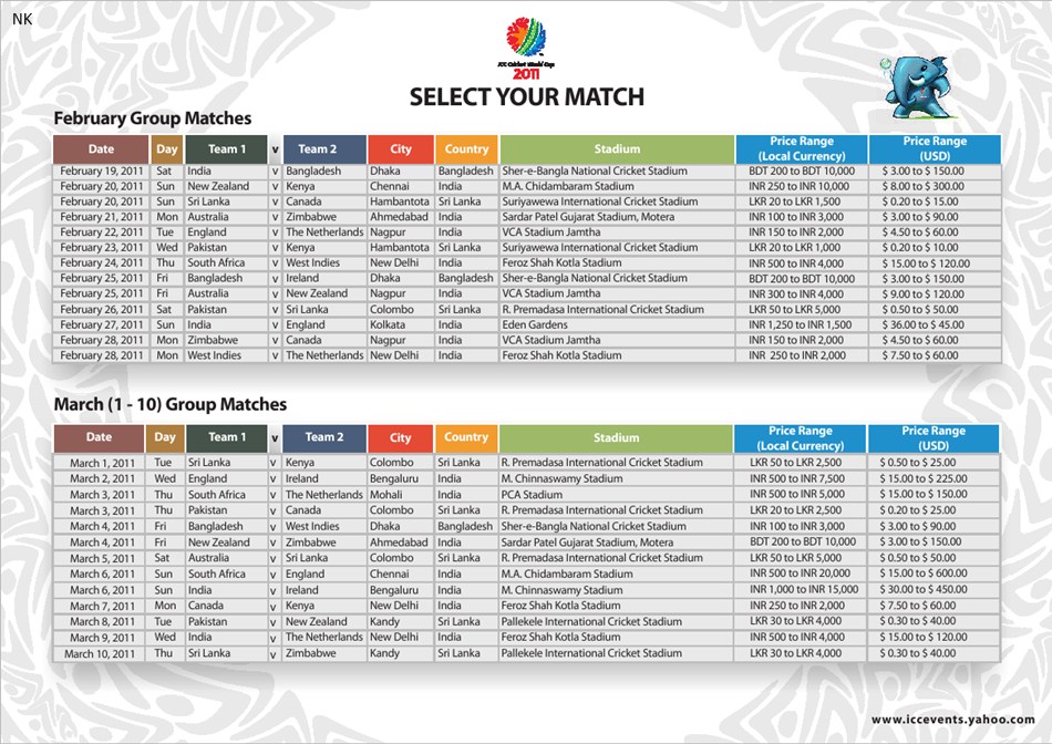 world cup 2011 schedule with time. Cricket World Cup 2011