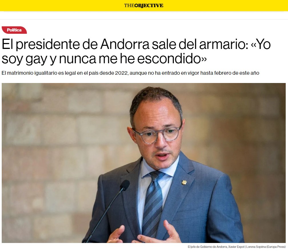 Photo of Prime MInister of Andorra, Xavier Espot, with headline indicating he is gay