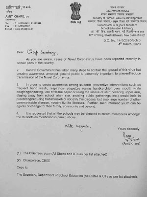 HRD Ministry has requested all schools to create awareness among students on how to prevent/reduce transmission of Coronavirus and other communicable diseases.