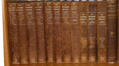 Encyclopaedia Britannica (Americans spell it Encyclopedia Britannica) published in 1910-1911 shown next to the three added volumes printed in 1922