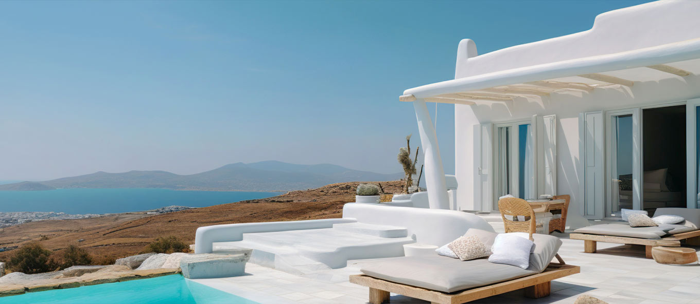 A garden photo taken at a Spanish villa on a bright sunny day showing various garden furniture, the back of the white coloured property with Spanish mountains in the background.