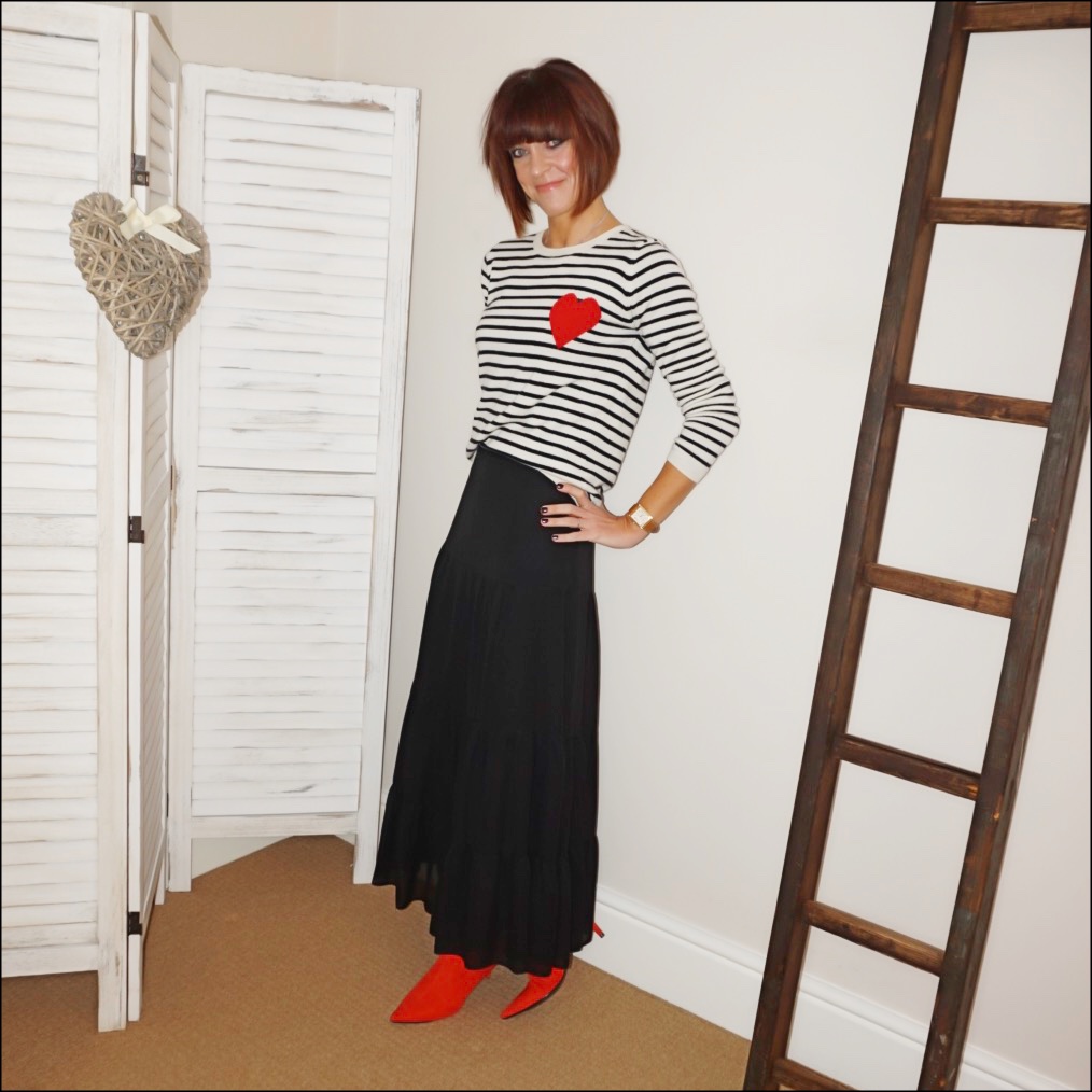 my midlife fashion, chinti and parker stripe cashmere jumper with heart, marks and spencer tiered maxi skirt, marks and spencer red kitten heel ankle boots