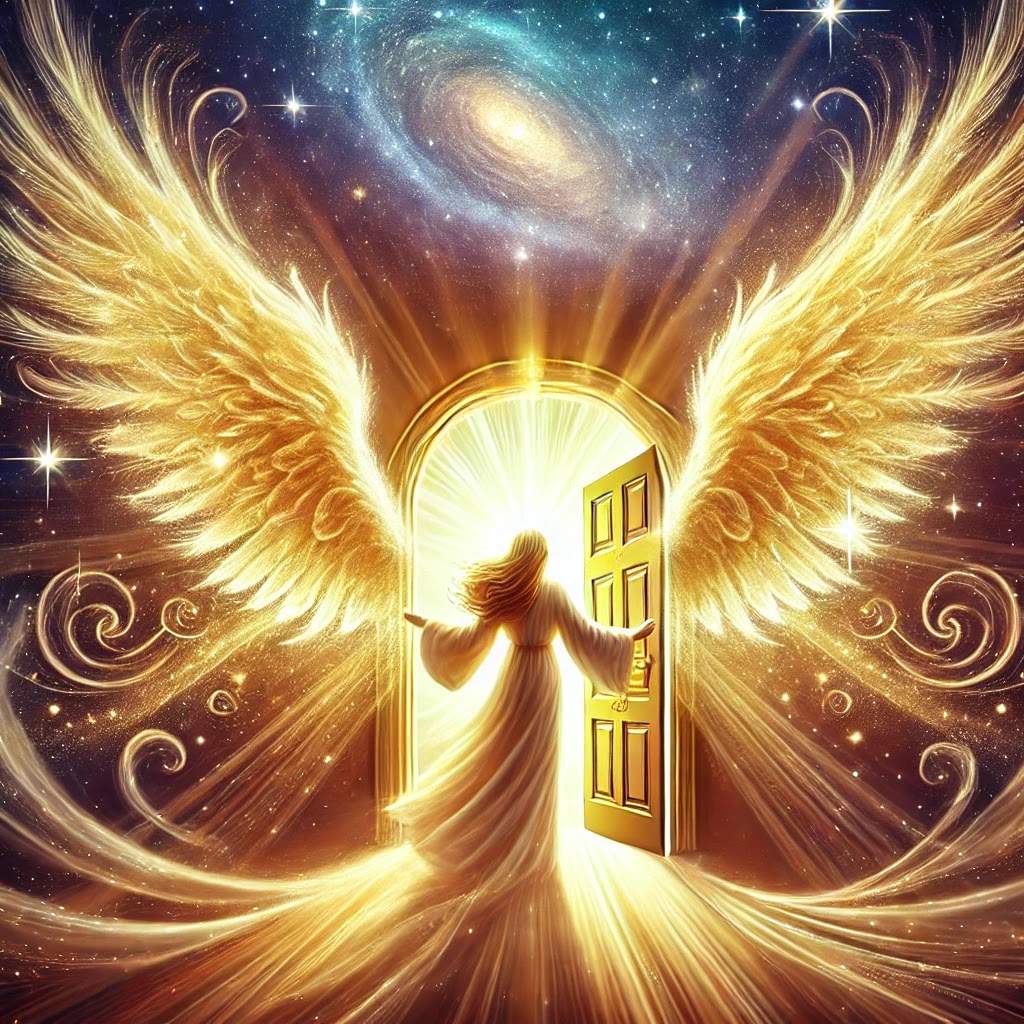 A luminous angel opening a golden door, inviting Sagittarius to embrace new possibilities with an open heart.