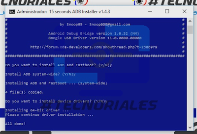 Instalador de 15 segundos de ADB, responder y 3 veces.