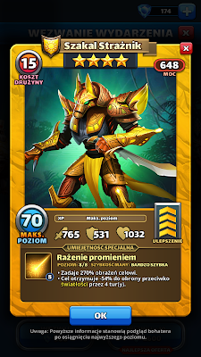 SZAKAL STRAŻNIK - Bohater światłości - żółty - MAX - info karta -Empires & Puzzles - bohater wydarzenia STRAŻNICY Z TELTOC - 4 gwiazdki