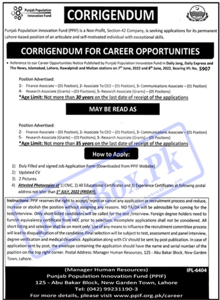 Punjab Population Innovation Fund PPIF Jobs 2022 - http://ppif.org.pk/careers/ Online apply