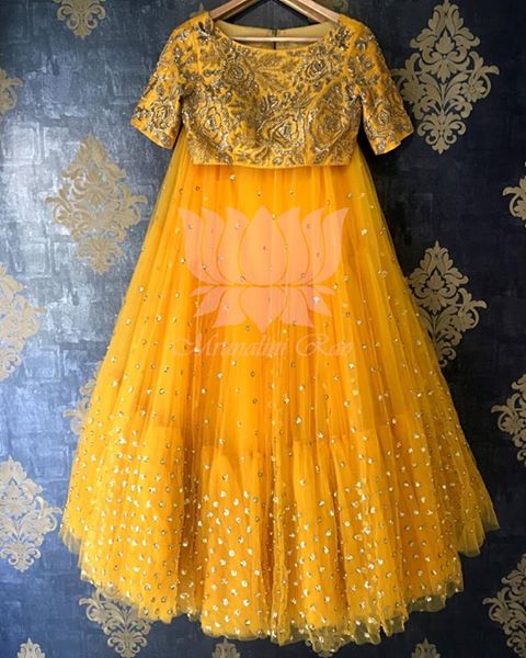 Yellow Frills Lehenga by Mrunalini Rao