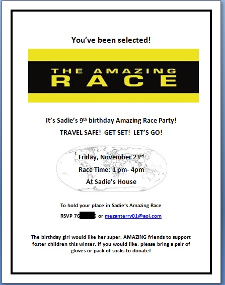 we sent the invitations (which I made by pulling the Amazing Race ...