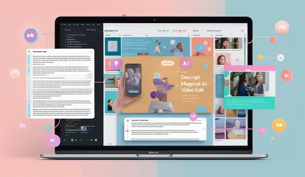 A dynamic image showcases Descript's interface with a prominent text transcript on the left and a smoothly edited video on the right, emphasizing its unique text-based editing approach. The text "Descript: Magical Video Editor" appears in the upper-left corner, in sharp and vibrant colors.