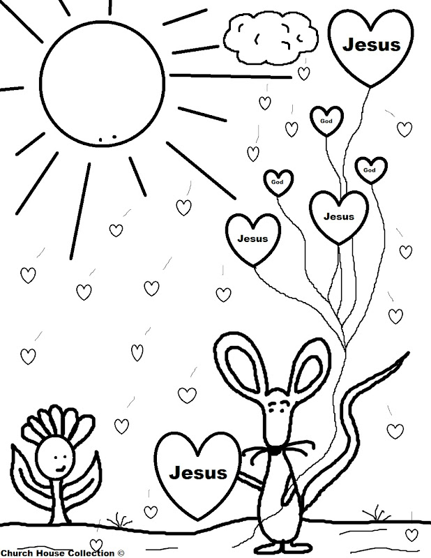 Valentine Mouse Holding Jesus Balloons Coloring Page title=