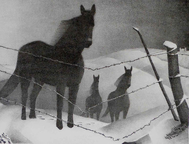 Grant Wood art, horses in dark winter