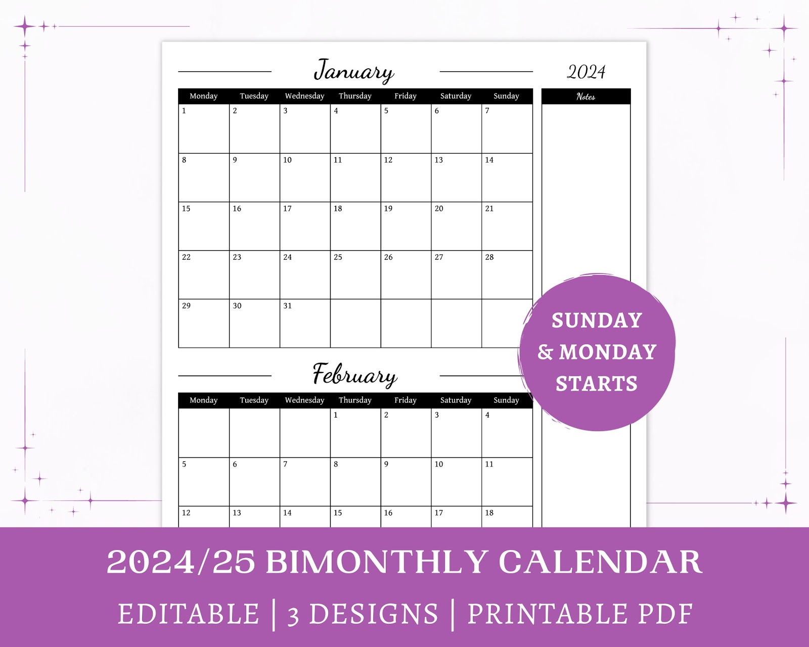Minimalist black-and-white design on a dated bimonthly calendar